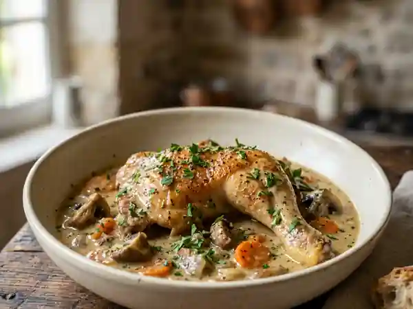 Coq au vin blanc fondant et sa sauce onctueuse - Photo de présentation