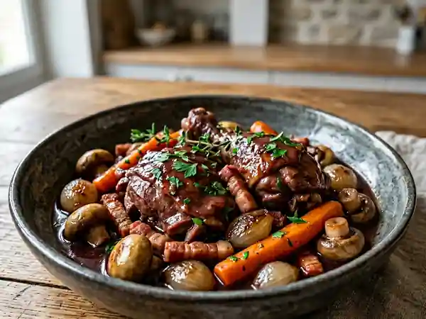 Coq en Bure au Vin Rouge et Lardons - Photo de présentation