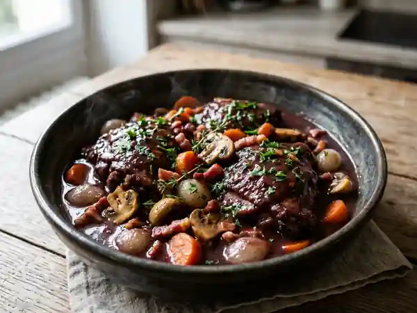 Coq au vin fondant et sa sauce onctueuse - Photo de présentation