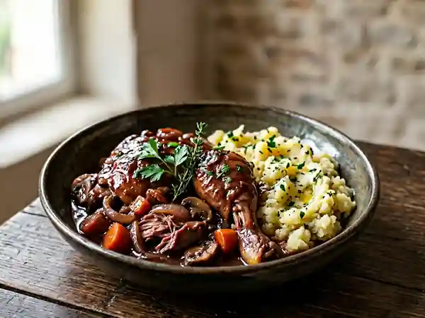 Coq au Vin Fondant et Purée à la Fourchette - Photo de présentation