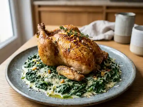 Coquelet rôti et sa crème d'épinards au parmesan - Photo de présentation