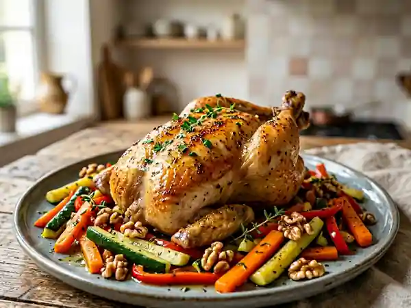 Coquelet rôti aux noix et légumes sautés savoureux - Photo de présentation