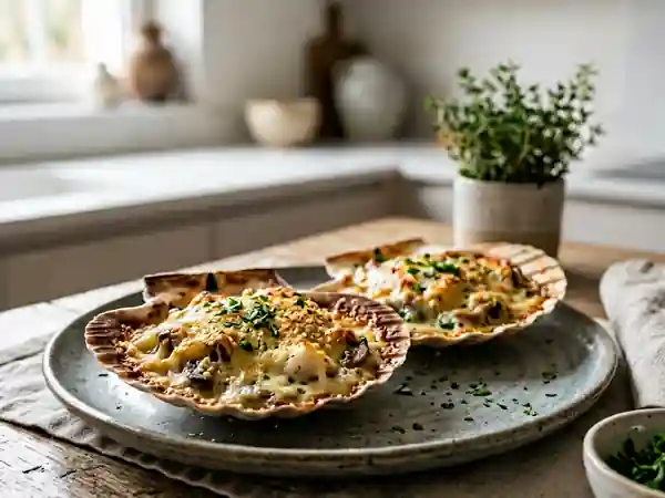 Coquilles de colin gratinées à la crème et au fromage - Photo de présentation