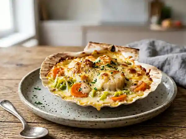 Coquilles Saint-Jacques gratinées à la fondue de carottes et poireaux - Photo de présentation