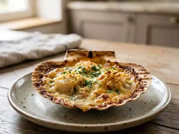 Saint-Jacques gratinées : croûte d'or et crème fine - Photo de présentation