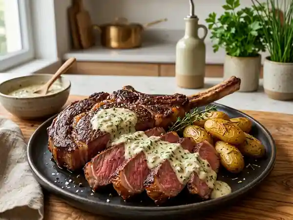 Côte de bœuf saisie, sauce onctueuse aux herbes - Photo de présentation