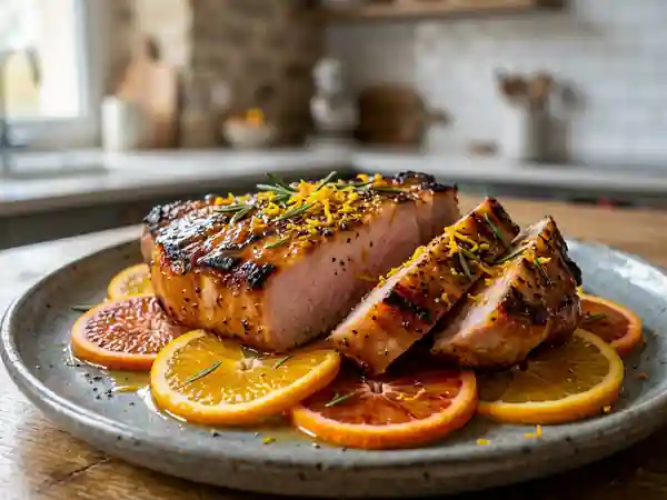 Côte de porc grillée sur lit d'orange parfumée - Photo de présentation