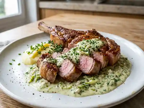 Côte de veau juteuse et crème de laitue - Photo de présentation