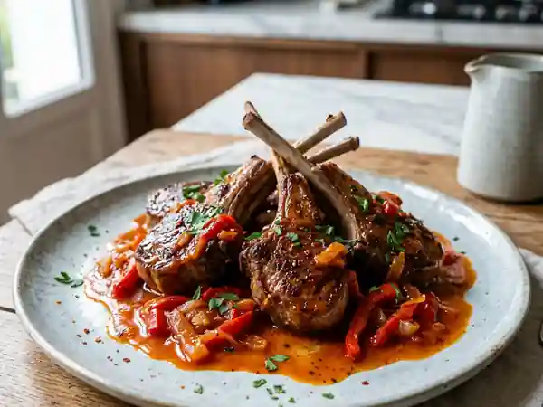 Côtelettes d'agneau grillées à la sauce espagnole savoureuse - Photo de présentation