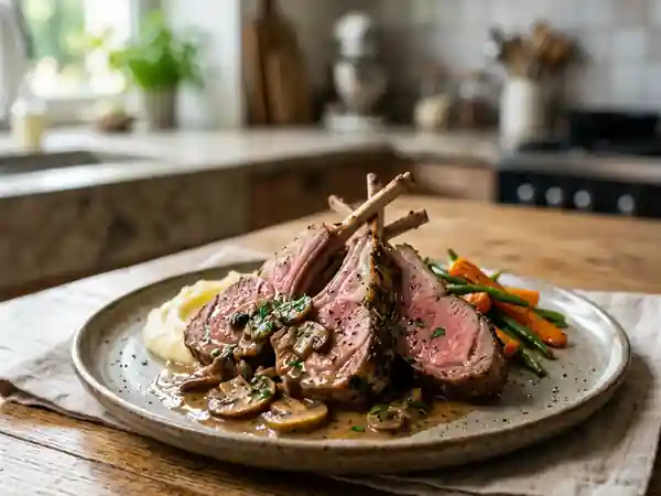 Côtes d'agneau saisies, crème aux champignons - Photo de présentation