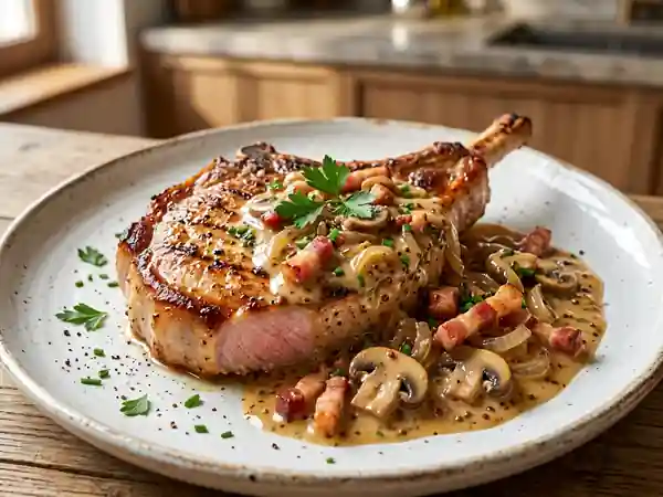 Côtes de porc charcutière savoureuses à la sauce moutarde - Photo de présentation