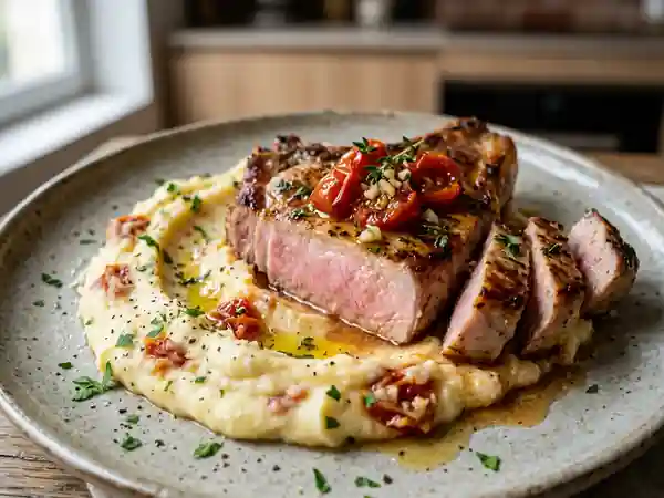 Côtes de porc grillées et purée onctueuse de tomates confites - Photo de présentation