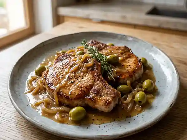 Côtes de porc tendres au vin blanc et olives - Photo de présentation