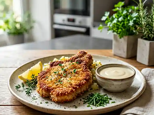 Côtes de porc panées croustillantes avec sauce onctueuse au raifort - Photo de présentation