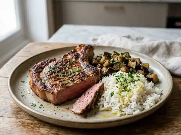 Côtes de veau grillées accompagnées de riz parfumé et d'aubergines fondantes - Photo de présentation