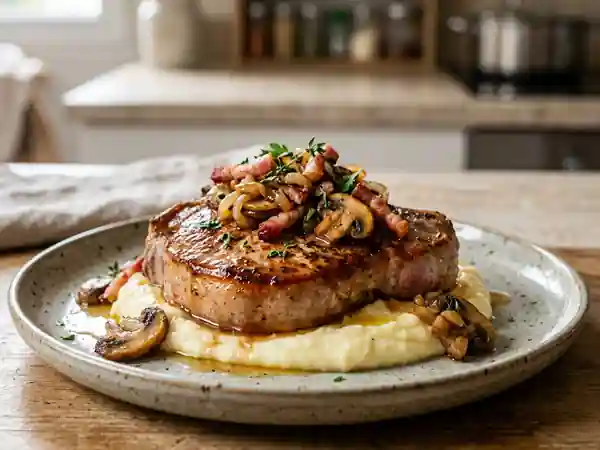 Côtes de veau saisies, champignons et lard fumé - Photo de présentation