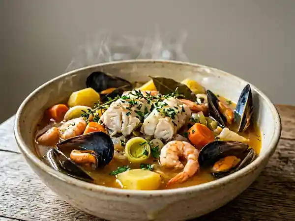 Cotriade bretonne traditionnelle : soupe de poisson et fruits de mer savoureuse - Photo de présentation