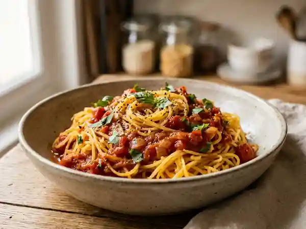 Courge spaghetti fondante au basilic - Photo de présentation