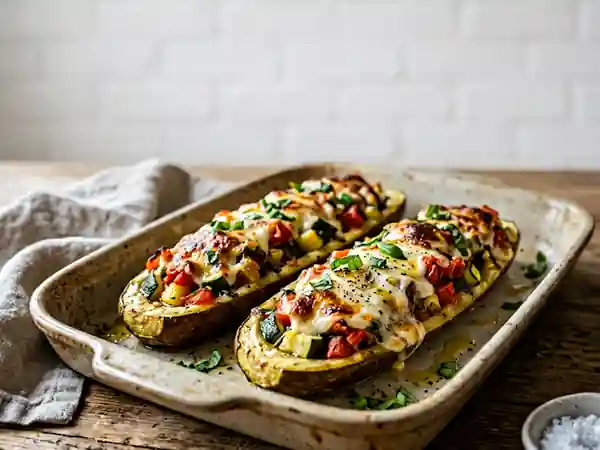 Courgettes farcies aux tomates fraîches et mozzarella fondante - Photo de présentation