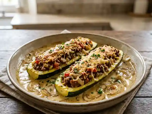 Courgettes farcies gourmandes à la sauce onctueuse aux oignons - Photo de présentation