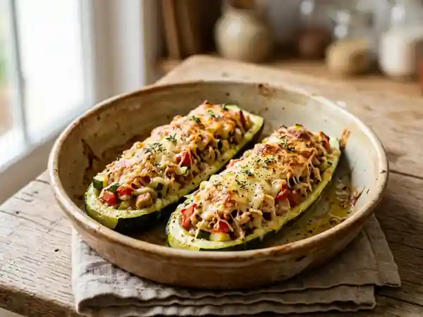 Courgettes fondantes farcies au poulet gratiné - Photo de présentation