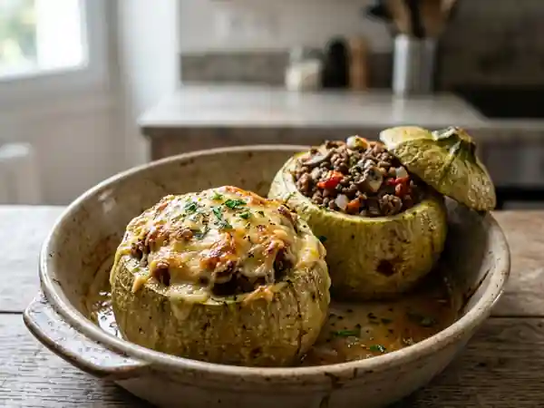 Courgettes farcies bœuf-champignons gratinées - Photo de présentation