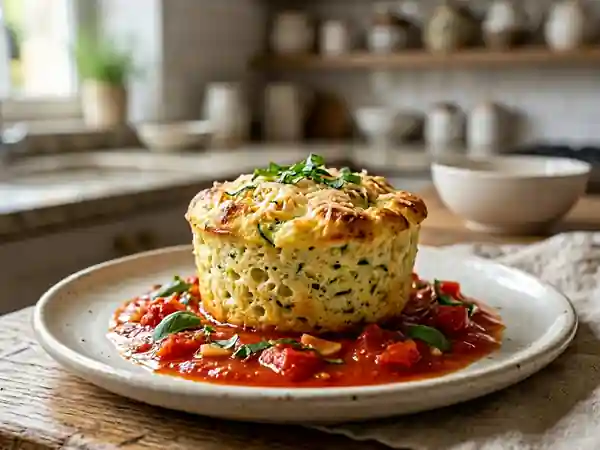 Soufflés de courgettes fondants et coulis basilic - Photo de présentation