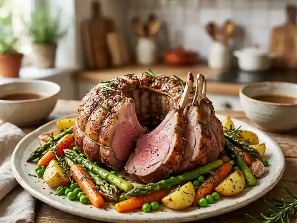 Couronne d'agneau rôtie aux légumes de saison - Photo de présentation