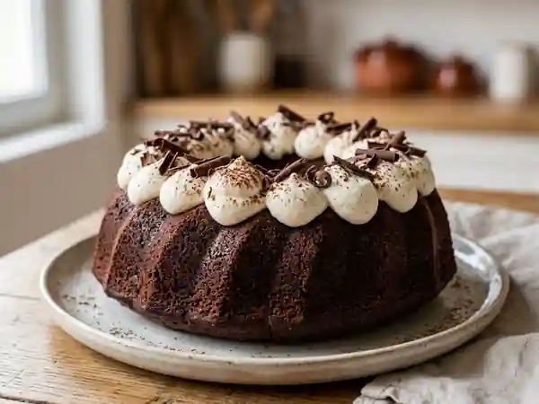 Couronne moelleuse au chocolat noir accompagnée de sa chantilly légère - Photo de présentation