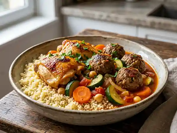 Couscous au poulet et boulettes savoureux : recette traditionnelle facile - Photo de présentation