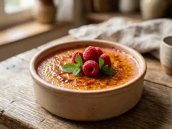 Crème brûlée onctueuse à la framboise : dessert gourmand et fruité - Photo de présentation