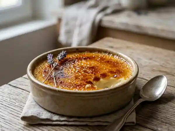 Crème brûlée onctueuse au miel de lavande : dessert gourmand et raffiné - Photo de présentation
