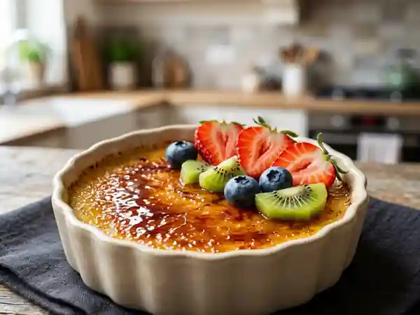 Crème brûlée onctueuse aux fruits frais de saison - Photo de présentation