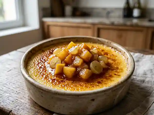 Crème catalane onctueuse accompagnée d'une compotée d'automne aux fruits - Photo de présentation