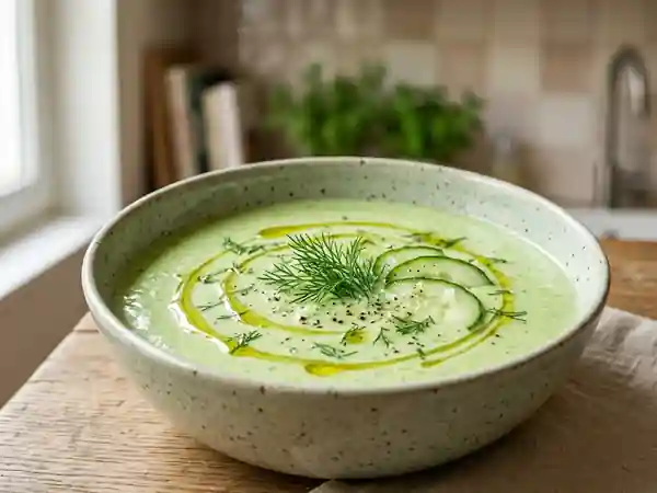 Crème froide de concombre rafraîchissante et légère - Photo de présentation
