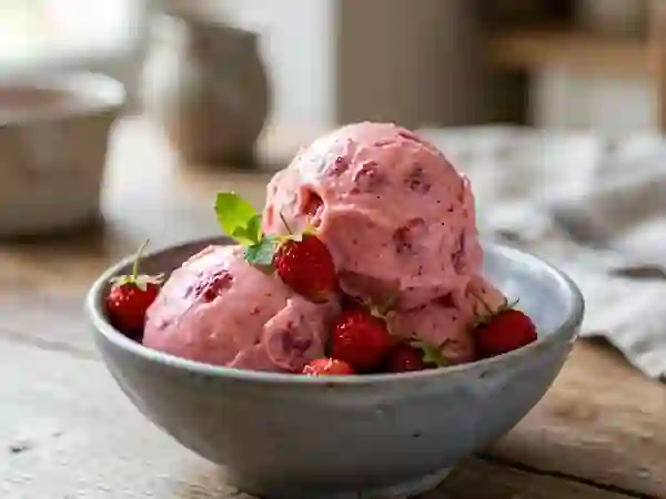 Crème glacée onctueuse aux fraises des bois - Photo de présentation