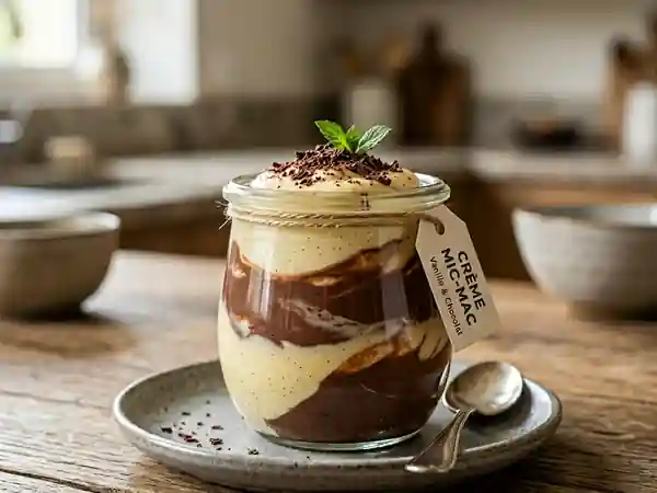Crème gourmande vanille-chocolat en duo dans un même pot - Photo de présentation