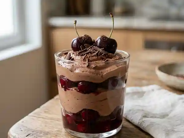 Crème onctueuse façon Forêt-Noire : dessert gourmand au chocolat et cerises - Photo de présentation