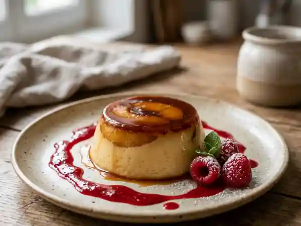 Crème renversée fondante aux pêches et coulis - Photo de présentation