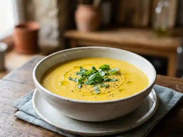 Crème soyeuse de poivrons jaunes au basilic - Photo de présentation