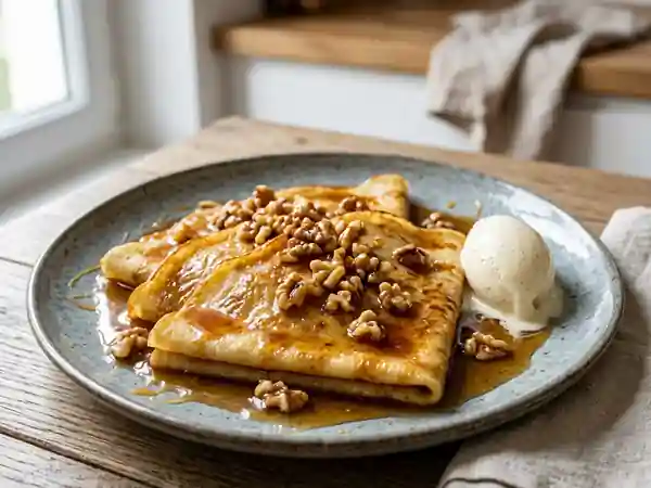 Crêpes flambées au miel et aux noix : dessert gourmand et facile - Photo de présentation