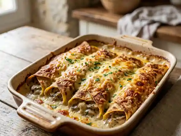 Crêpes gourmandes farcies aux champignons gratinées au four - Photo de présentation