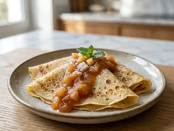 Crêpes légères moelleuses à la compote de pommes maison - Photo de présentation