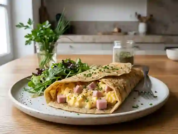 Crêpes salées au jambon et œufs crémeux - Photo de présentation