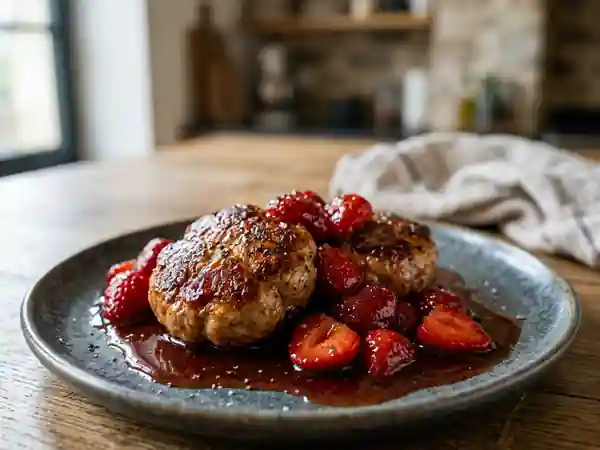 Crépinettes de porc aux fraises flambées - Photo de présentation