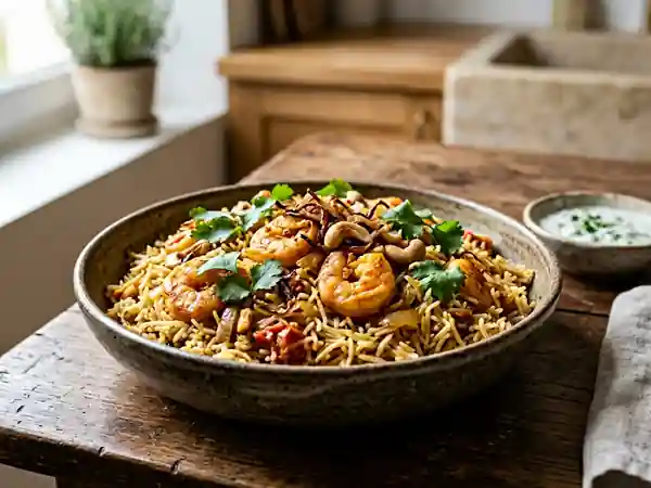 Biryani de crevettes fondant et épicé - Photo de présentation