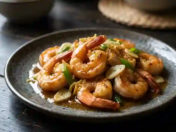 Crevettes caramélisées, gingembre et ail - Photo de présentation