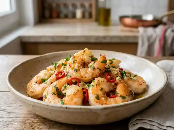 Crevettes snackées à l'ail et piment oiseau - Photo de présentation