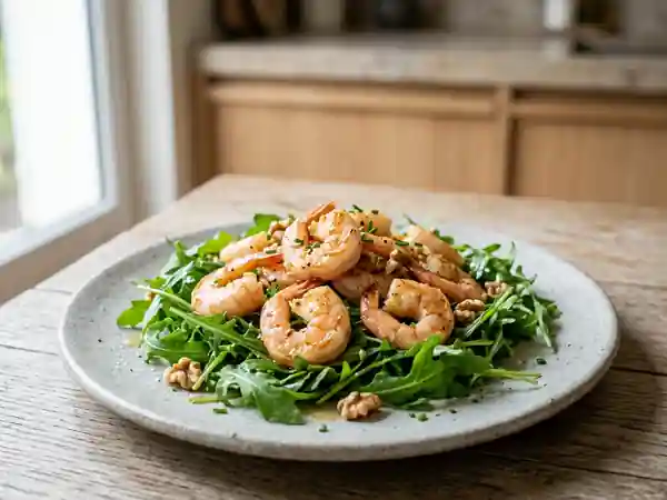 Crevettes snackées, roquette et parfum de noix - Photo de présentation