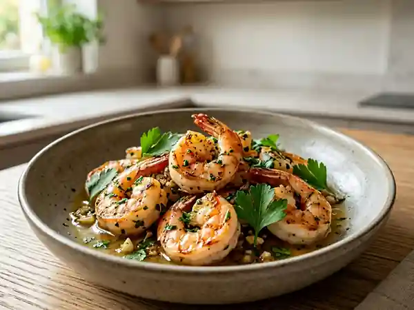 Crevettes sautées à la coriandre fraîche et aux herbes aromatiques - Photo de présentation